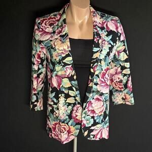 Vintage Floral Print Blazer with 3/4 Sleeves